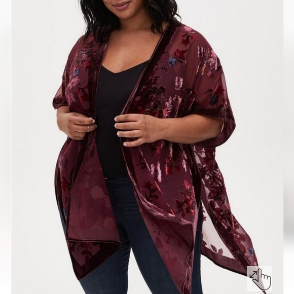 NWT Torrid Burnout Velvet Kimono Burgundy Floral size 00/0 M/L - Picture 15 of 16